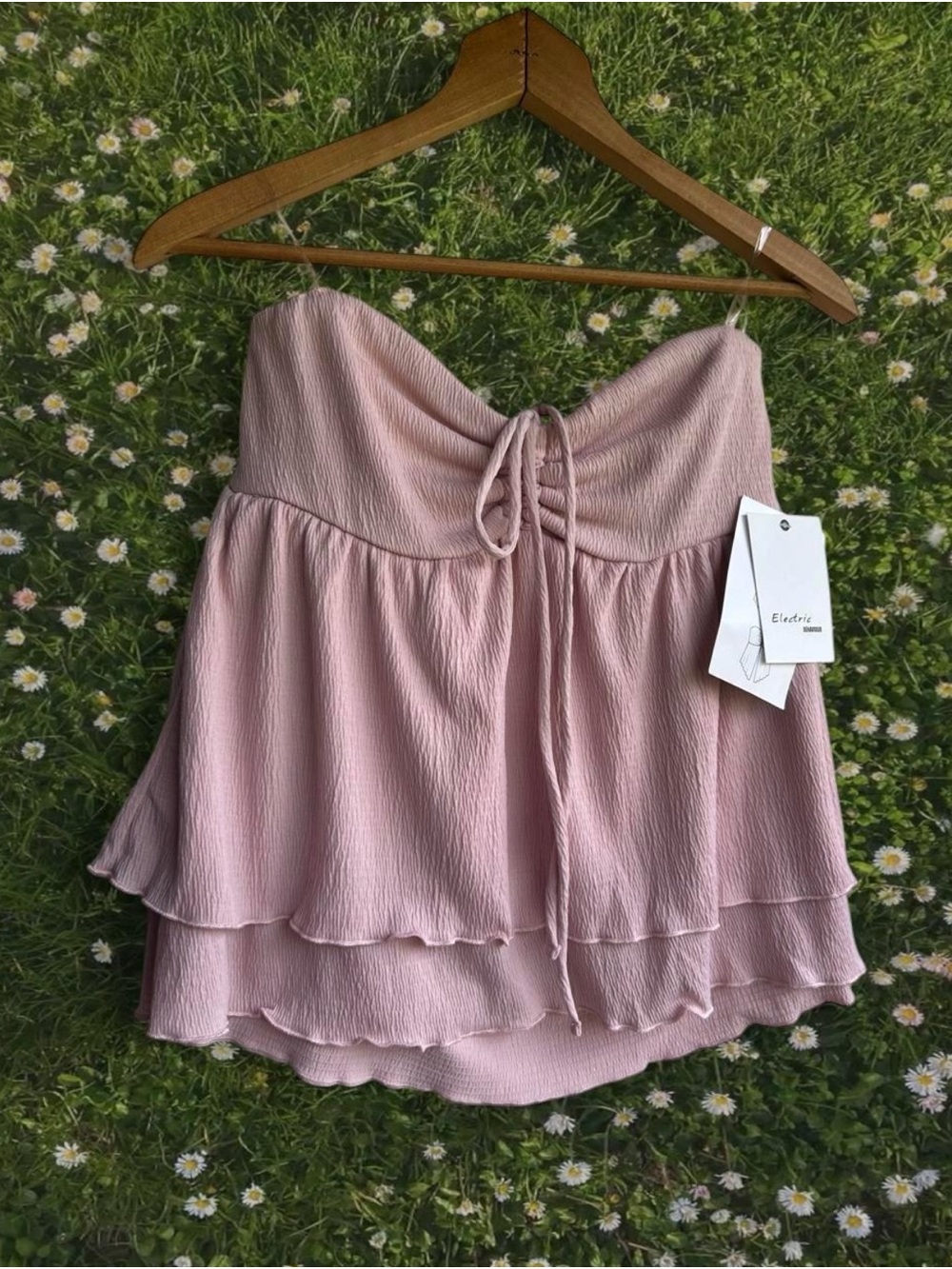 Baby Pink Strapless Ruffle Tiered Blouse